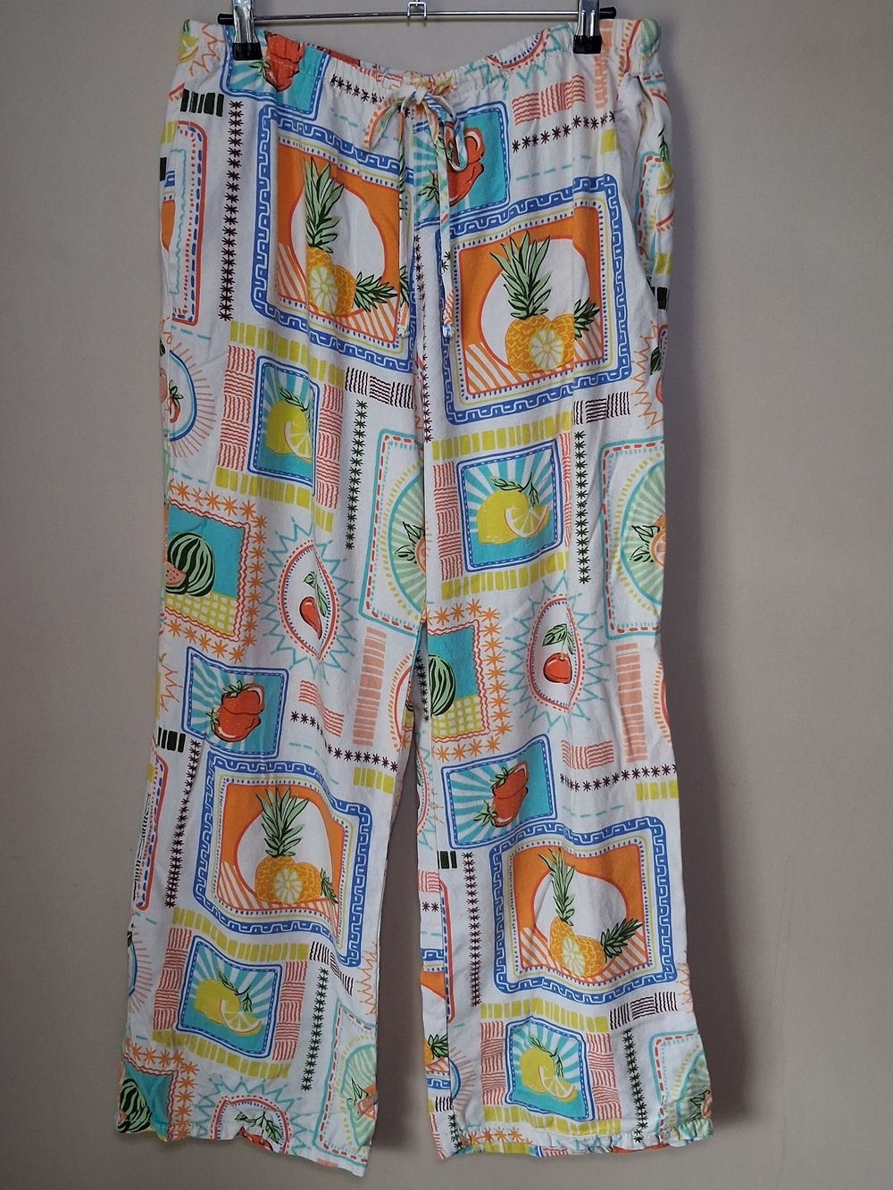 Cali 1850 Tropical Fruit Tile Wide Leg Pants; Size L